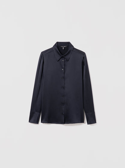 Navy satin silk blouse by Judith & Charles featuring long sleeves, a shirt collar, and front button closure; semi-fitted silhouette, unlined, 25″ back length.