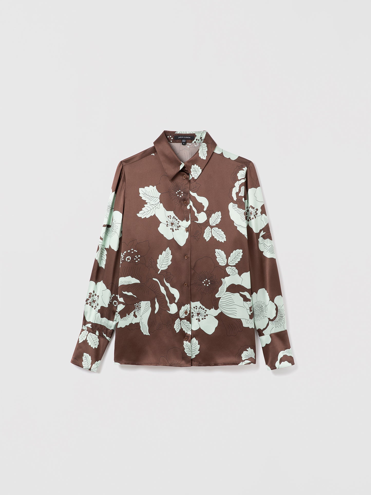 Chocolate Liberty of London floral print silk blouse by Judith and Charles, long-sleeve, semi-fitted, unlined, made in Canada.
