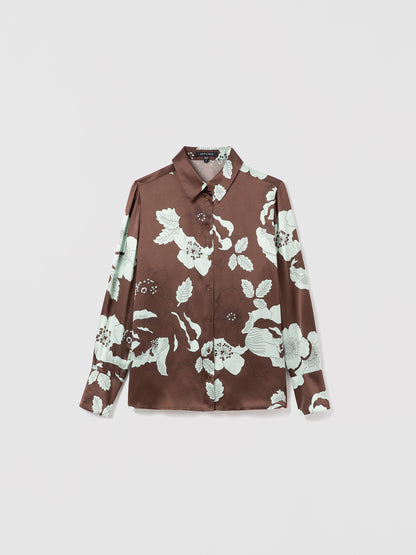 Chocolate Liberty of London floral print silk blouse by Judith and Charles, long-sleeve, semi-fitted, unlined, made in Canada.