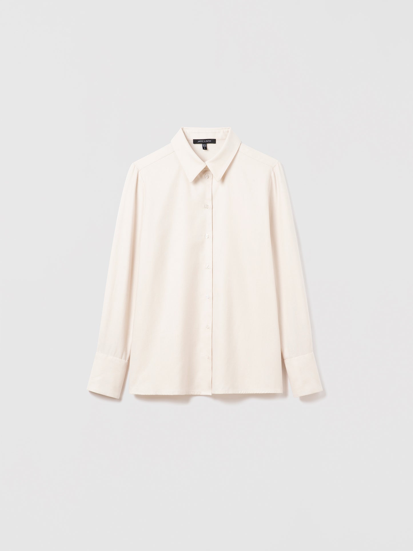 Cream Jennifer blouse by Judith & Charles, long cotton sleeve, classic fit, shirt collar, front button closure, 59% cotton and 41% lyocell, unlined, made in Canada with Italian fabric, style code 746-6839.