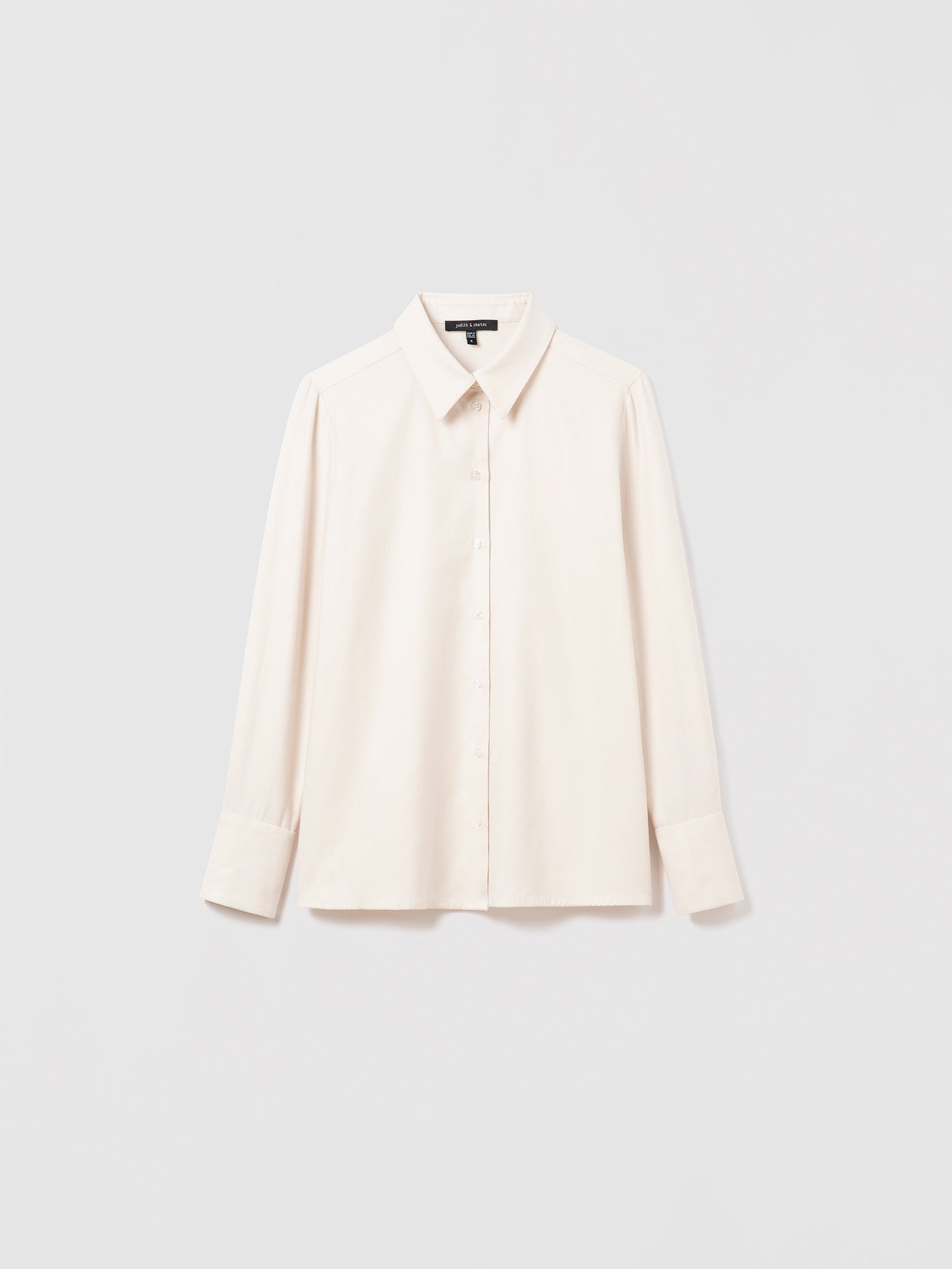 Cream Jennifer blouse by Judith & Charles, long cotton sleeve, classic fit, shirt collar, front button closure, 59% cotton and 41% lyocell, unlined, made in Canada with Italian fabric, style code 746-6839.