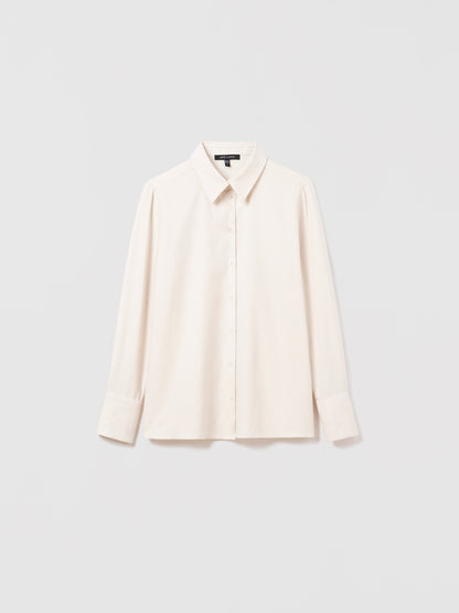 Cream Jennifer blouse by Judith & Charles, long cotton sleeve, classic fit, shirt collar, front button closure, 59% cotton and 41% lyocell, unlined, made in Canada with Italian fabric, style code 746-6839.