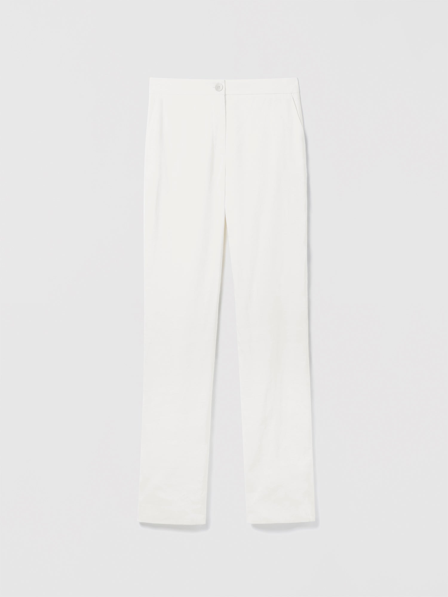 Judith and Charles off white Jonas Pant – high-waisted, wide-leg pant with slash pockets, back reese pockets, and front button-and-zip closure; 34″ inseam; made in Portugal