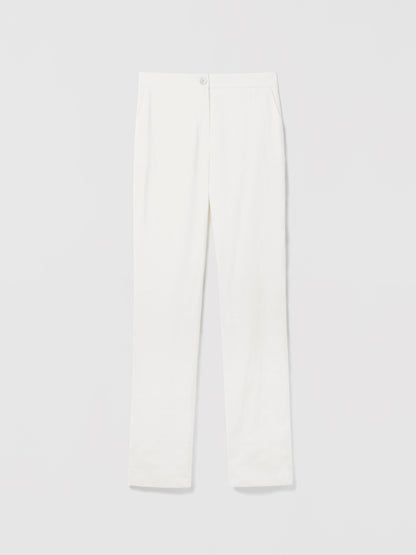Judith and Charles off white Jonas Pant – high-waisted, wide-leg pant with slash pockets, back reese pockets, and front button-and-zip closure; 34″ inseam; made in Portugal
