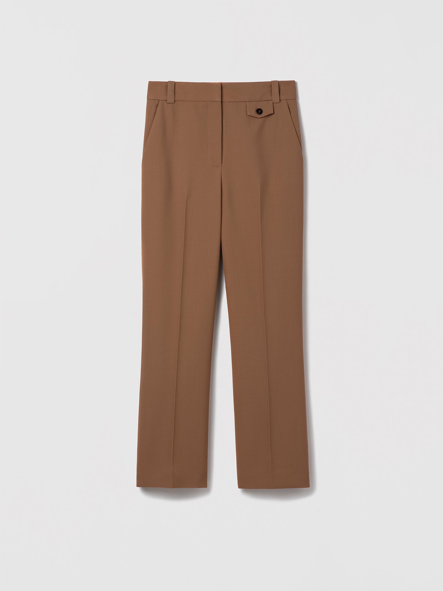 Camel tailored wool pant by Judith & Charles, featuring slash pockets, back welt pockets, and a zip fly with hook-and-eye closure.