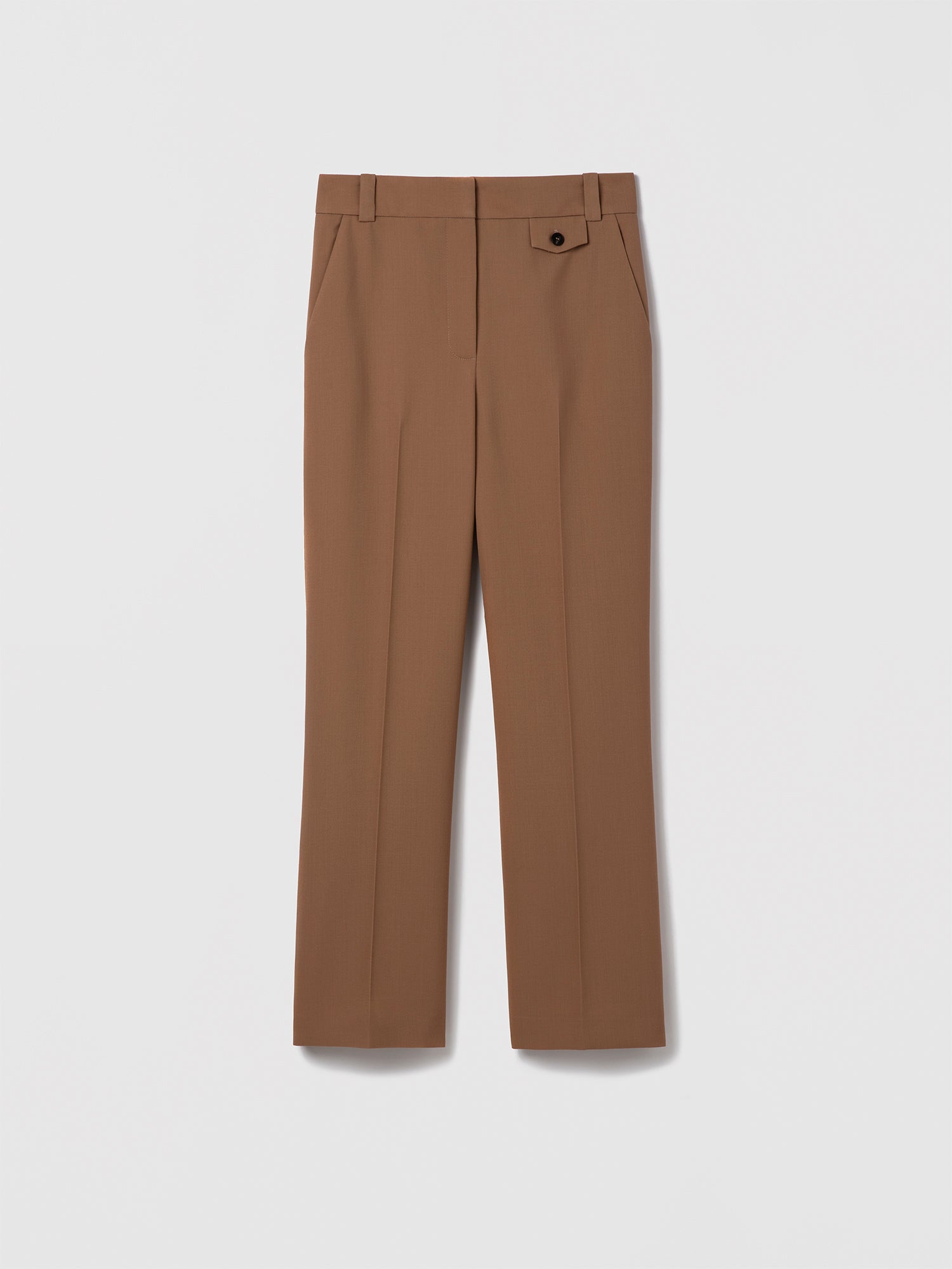 Camel tailored wool pant by Judith & Charles, featuring slash pockets, back welt pockets, and a zip fly with hook-and-eye closure.