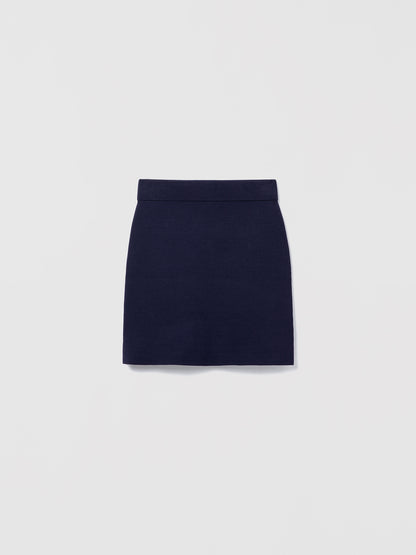 Judith and Charles Navy Laric Skirt – Slight A-line pull-on skirt in 100% mercerized cotton, crafted from Italian fabric, 17.5" back length 