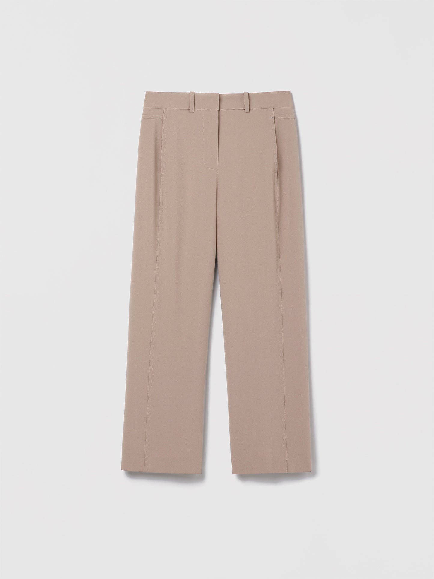 Judith & Charles High-waisted, wide-leg cropped pants in ivory satin-back crepe featuring slash pockets, back patch pockets, belt loops, and a hook-and-eye closure, displayed on a neutral background.