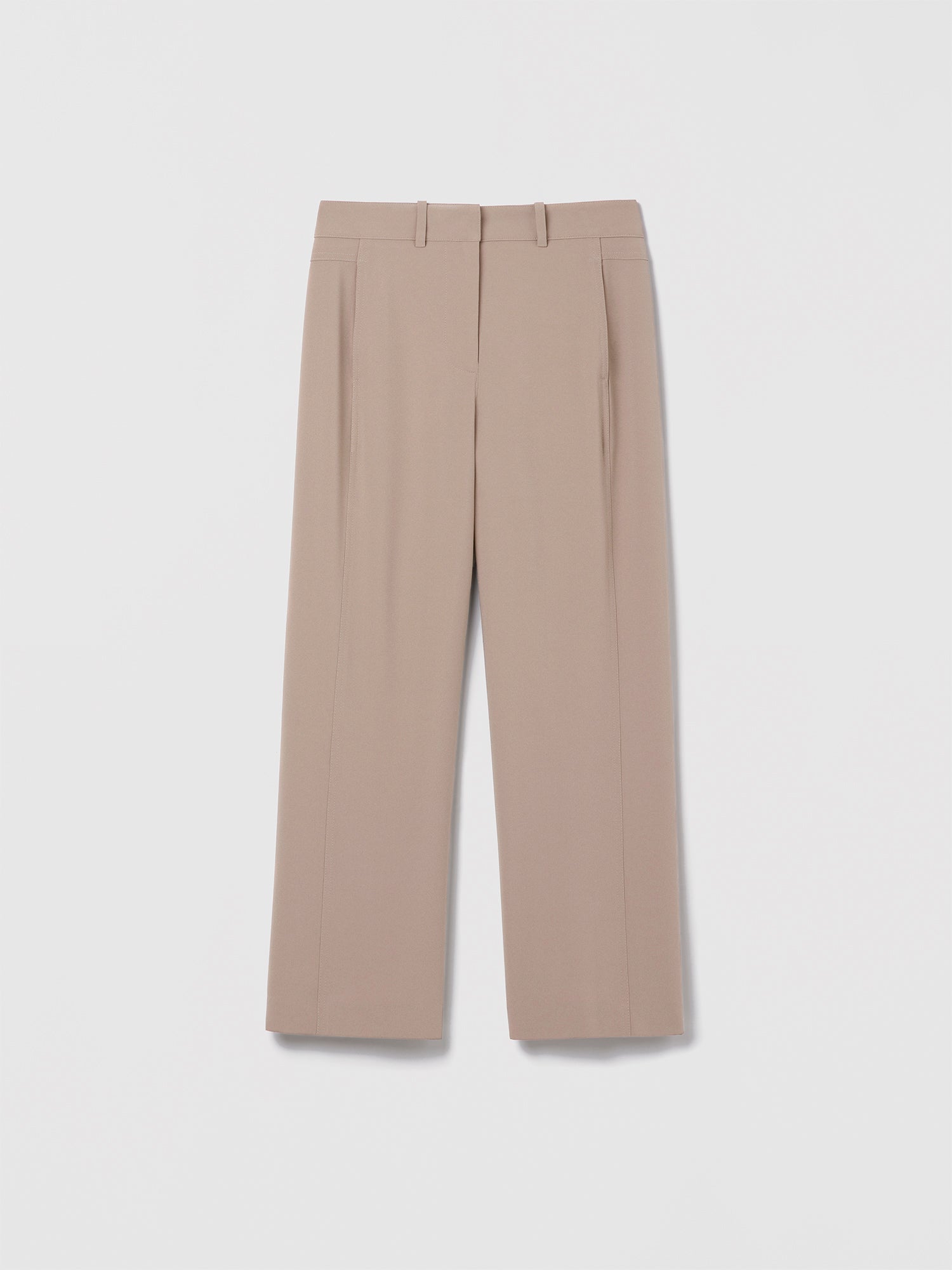 Judith & Charles High-waisted, wide-leg cropped pants in ivory satin-back crepe featuring slash pockets, back patch pockets, belt loops, and a hook-and-eye closure, displayed on a neutral background.