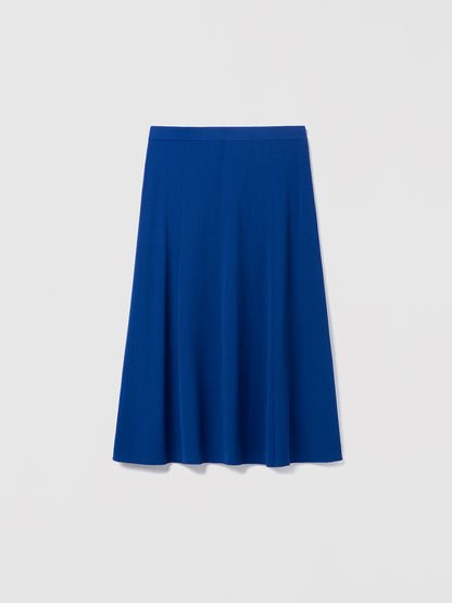 Judith and Charles Lecco Skirt in royal blue – pull-on midi skirt in ribbed compact yarn with a full, easy-fit silhouette; 75% viscose, 25% polyamide; unlined; 31″ back length; fabric from Italy
