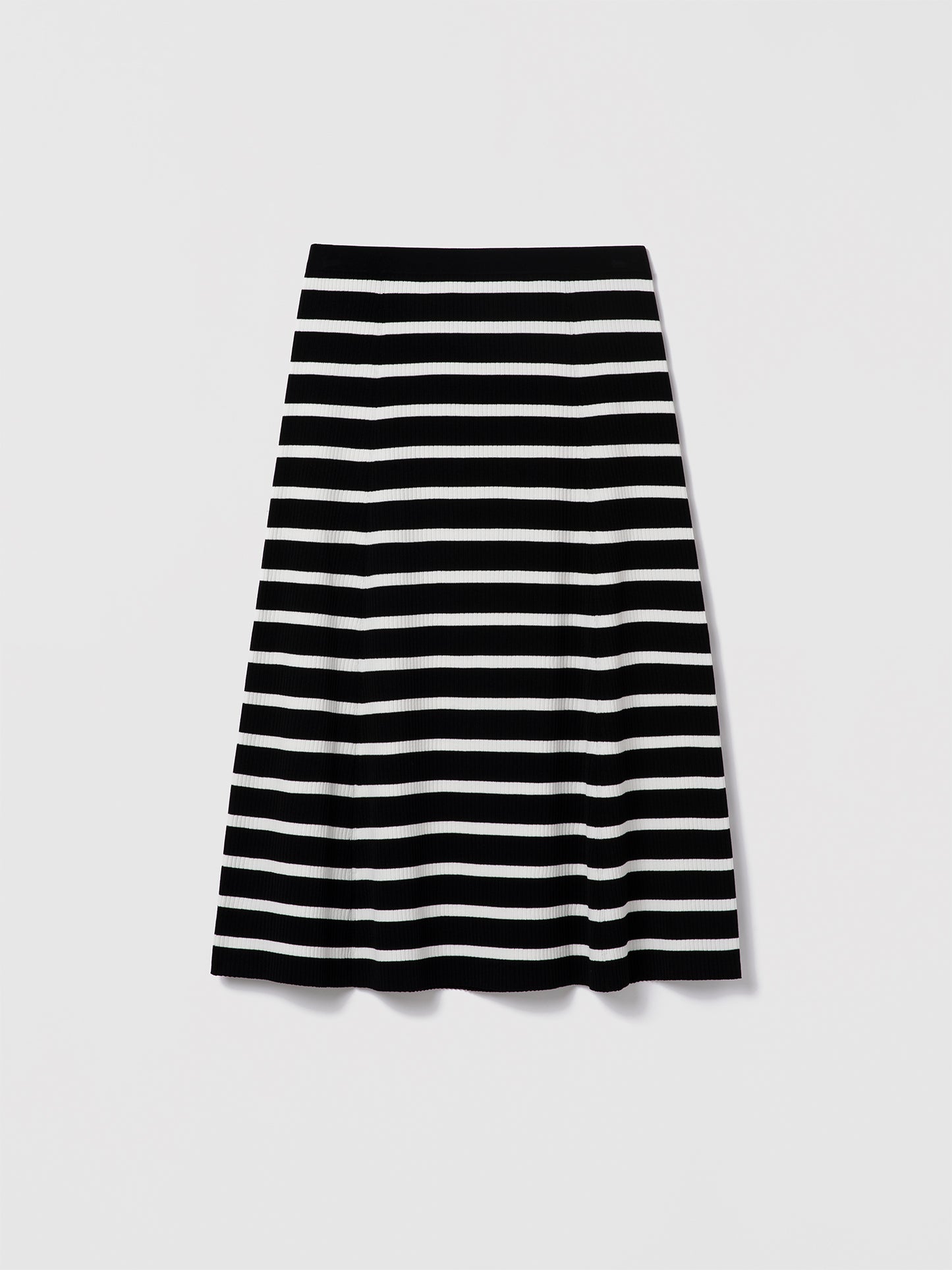 Judith and Charles Lecco Skirt in black and white – pull-on midi skirt in ribbed compact yarn with a full, easy-fit silhouette; 75% viscose, 25% polyamide; unlined; 31″ back length; fabric from Italy