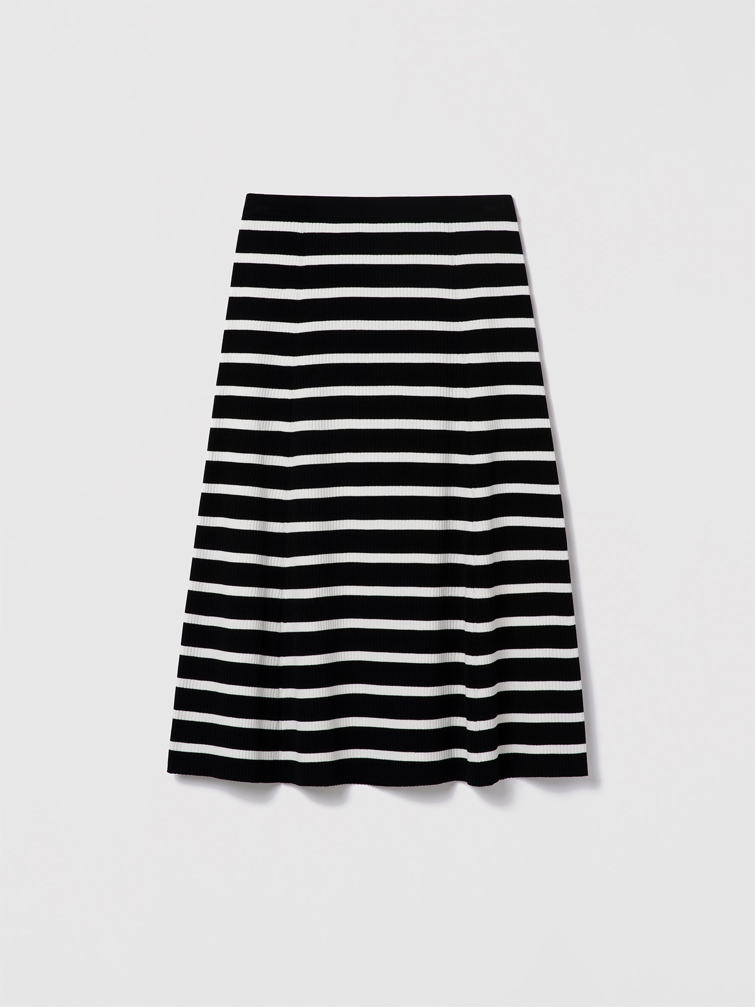 Judith and Charles Lecco Skirt in black and white – pull-on midi skirt in ribbed compact yarn with a full, easy-fit silhouette; 75% viscose, 25% polyamide; unlined; 31″ back length; fabric from Italy