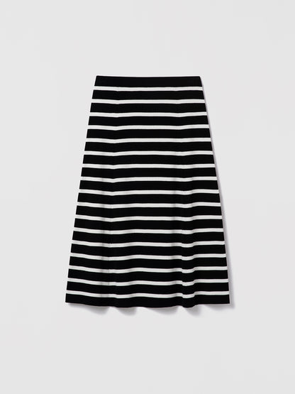 Judith and Charles Lecco Skirt in black and white – pull-on midi skirt in ribbed compact yarn with a full, easy-fit silhouette; 75% viscose, 25% polyamide; unlined; 31″ back length; fabric from Italy