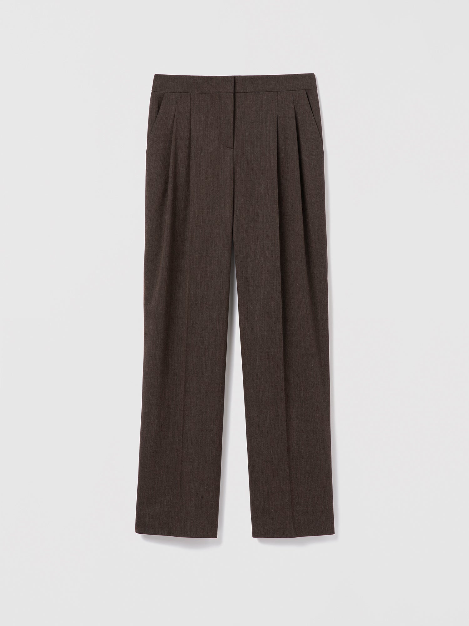 Flat lay of low-rise pleated wool pant in taupe melange with side slash pockets and belt loops