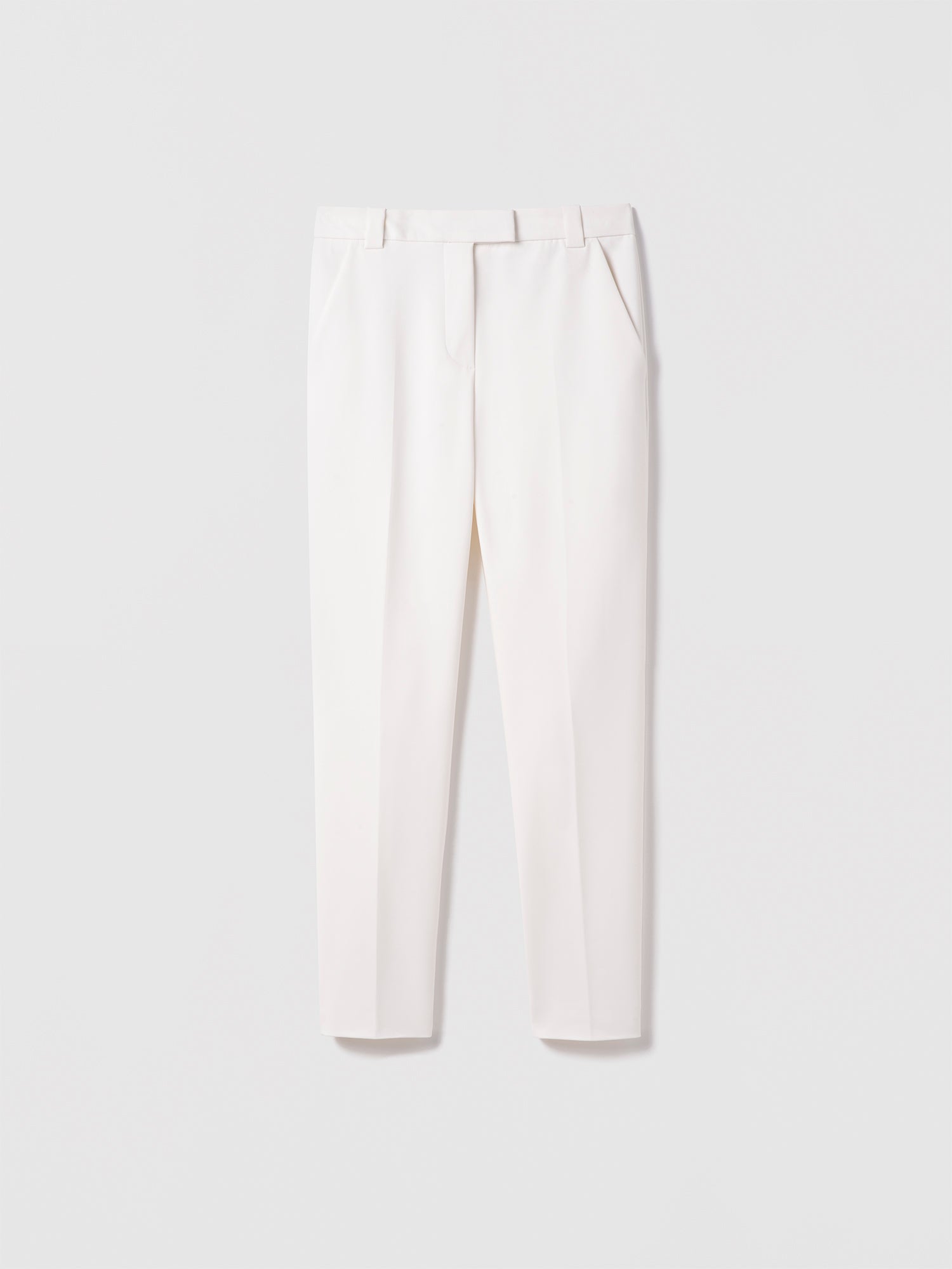 Judith and Charles off-white Lewis Pant – classic-fit trouser with extended waistband, hook-and-eye zip closure, slash pockets, back welt pockets, belt loops, and partial lining; made in Portugal, 28.5″ inseam