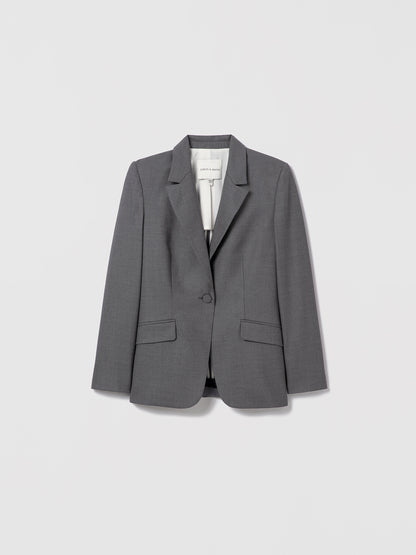 Grey melange single-breasted jacket in superfine wool by Loro Piana, cut in a classic semi-fitted silhouette with peak lapel, flap pockets, and single back vent. Fully lined. Made in Canada with Italian fabric. Lexi Jacket, style 696-1976 by Judith & Charles