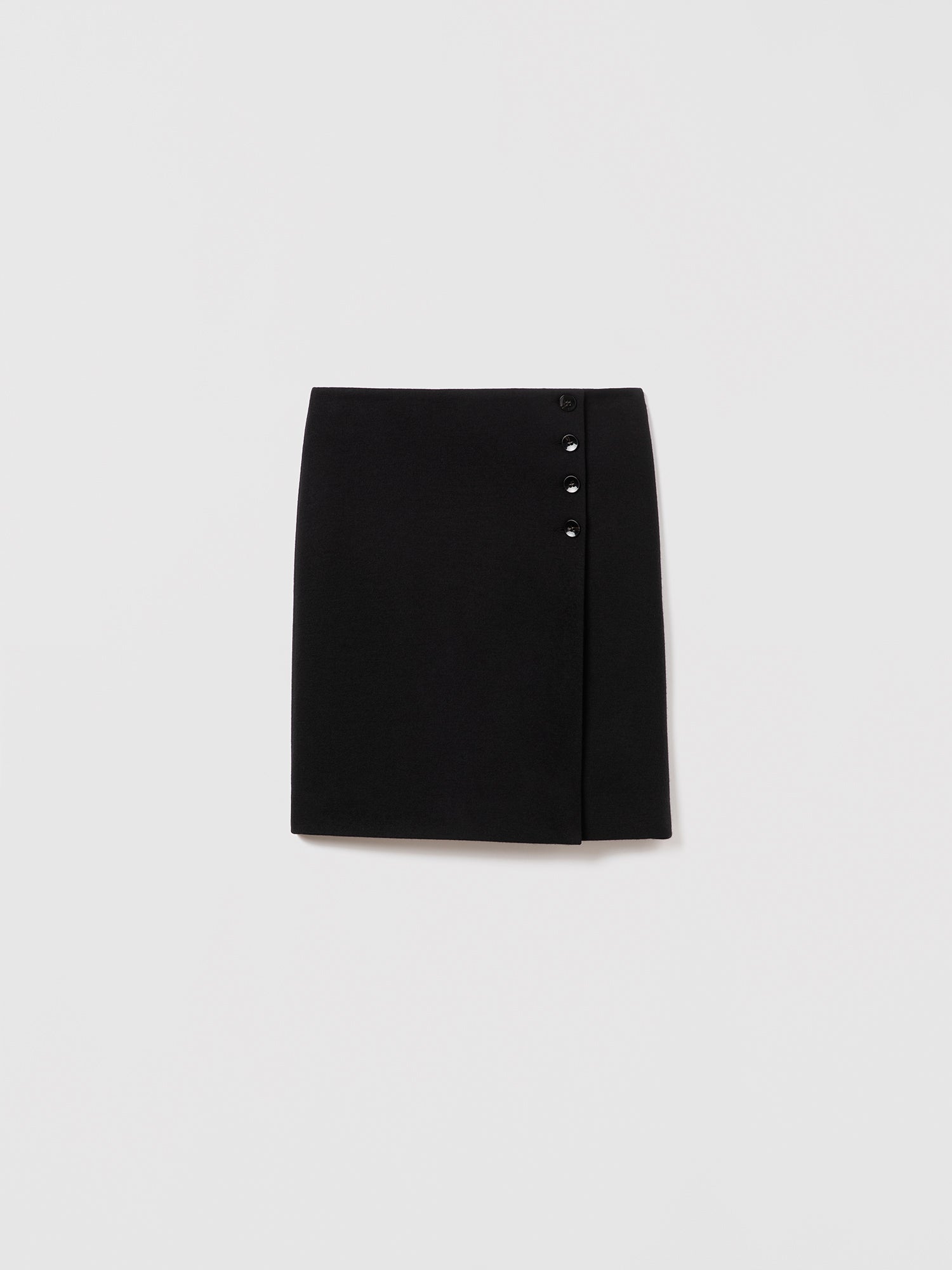 Judith and Charles black Linus faux wrap skirt in boiled wool with offset button detail, featuring an invisible back zipper, clean waist, and full polyester lining. Made in Canada from Italian fabric, style code 674-2534