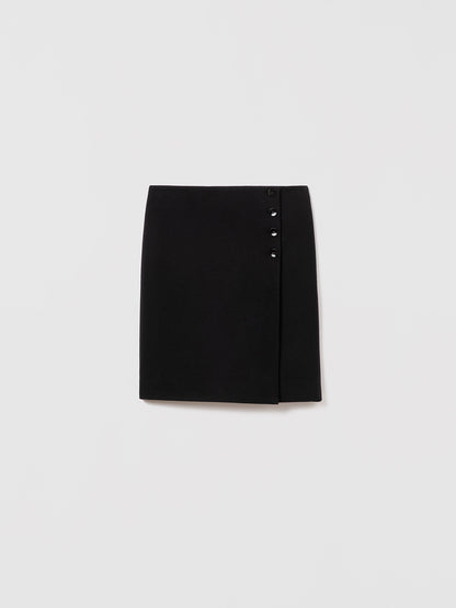 Judith and Charles black Linus faux wrap skirt in boiled wool with offset button detail, featuring an invisible back zipper, clean waist, and full polyester lining. Made in Canada from Italian fabric, style code 674-2534