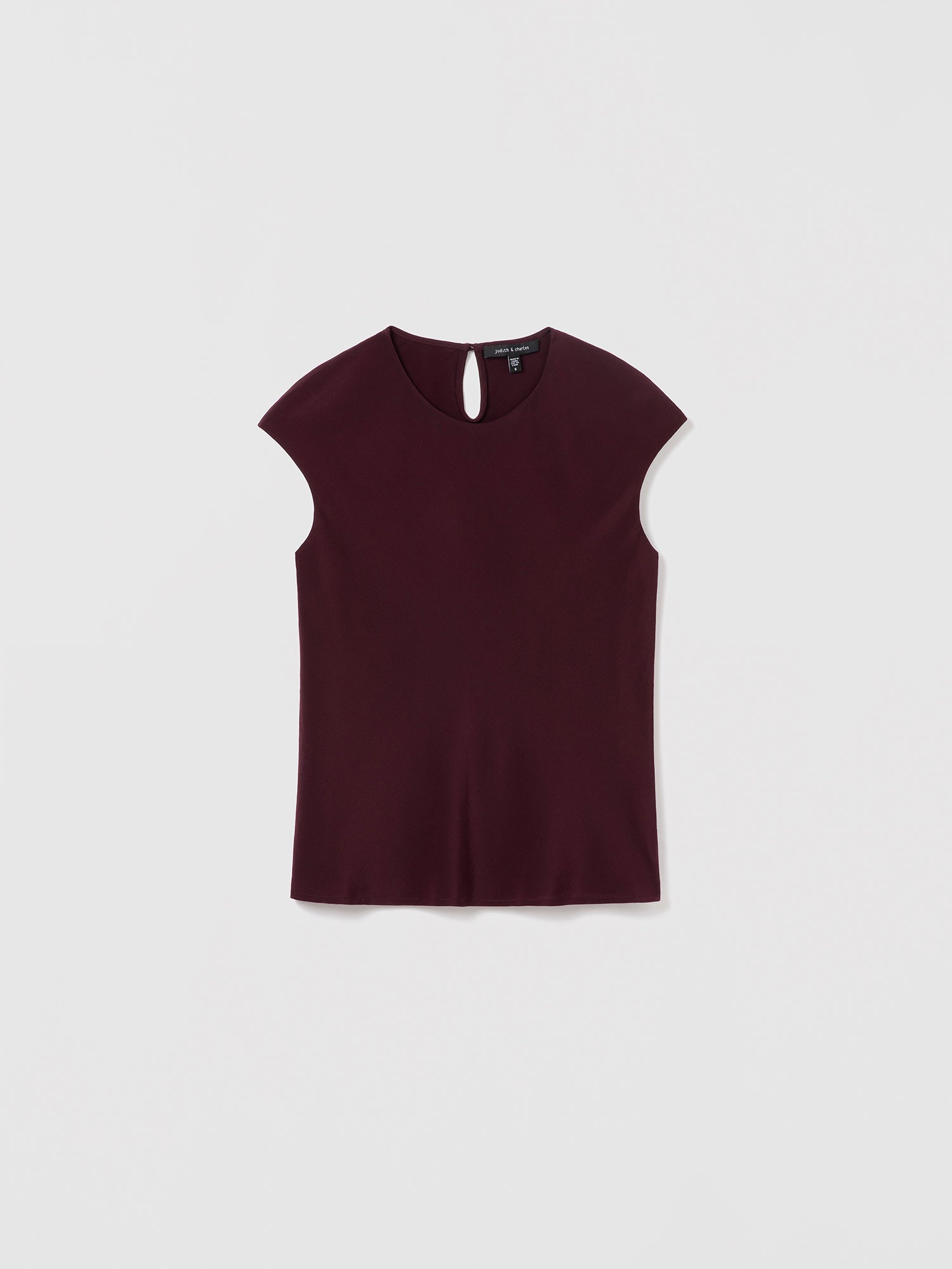 Judith & Charles dark cherry silk crew neck top — double-layer front, bias cut, back keyhole with button.