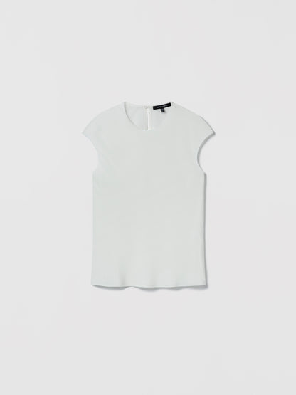 Judith & Charles white silk crew neck top — double-layer front, bias cut, back keyhole with button.