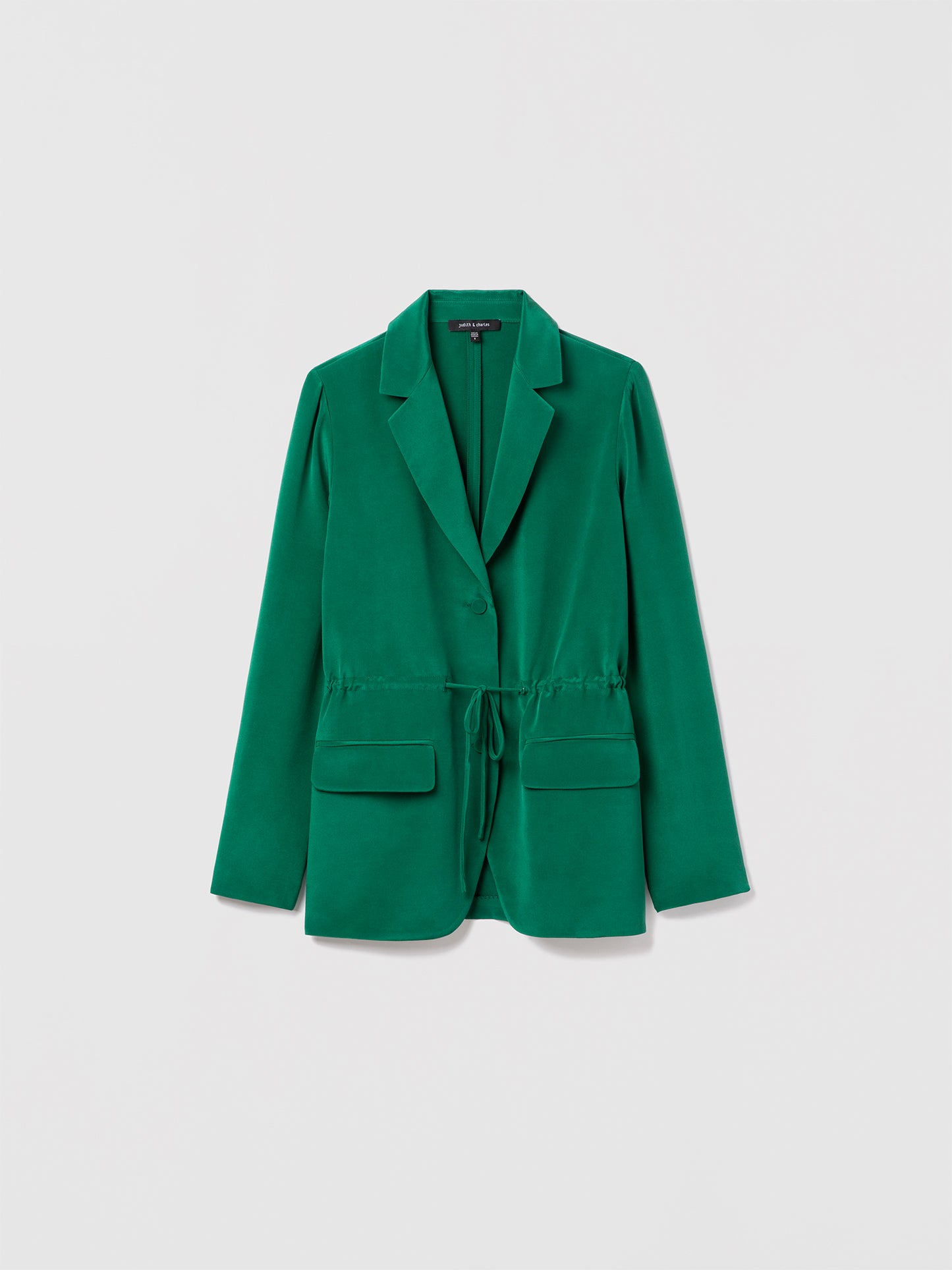 Judith and Charles Green Marais Jacket – easy-fit, 2-button belted jacket in sand-washed silk with notch lapel, flap pockets, and integrated self-belt; unlined; 29.5″ back length; made in Canada 