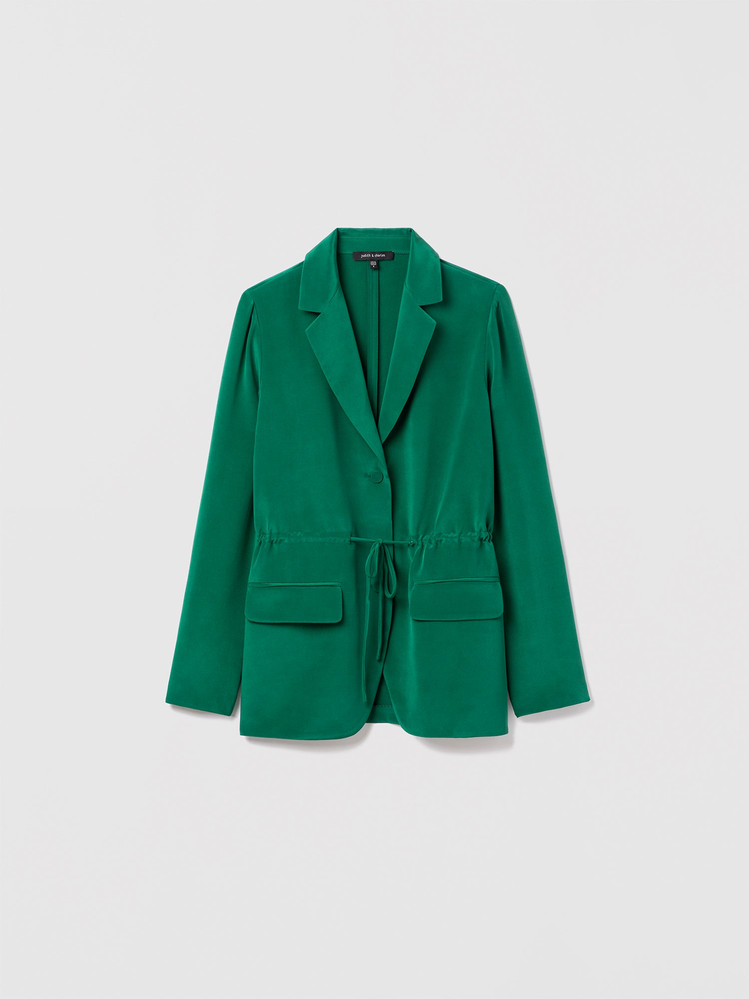 Judith and Charles Green Marais Jacket – easy-fit, 2-button belted jacket in sand-washed silk with notch lapel, flap pockets, and integrated self-belt; unlined; 29.5″ back length; made in Canada 