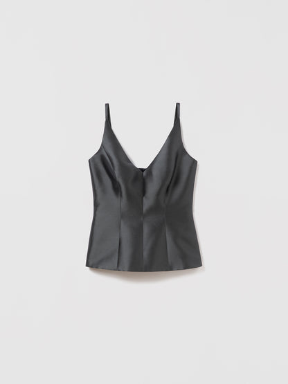 Flat lay of fitted peplum top in anthracite silk-wool blend with V-neck and straps, featuring invisible back zipper