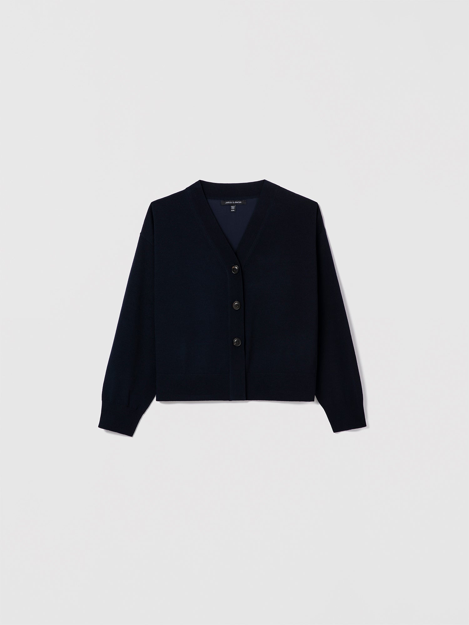 Navy Boxy Silk Back Cardigan by Judith & Charles. 