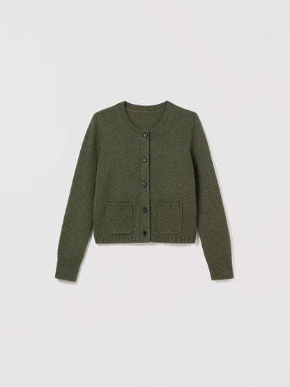 Avocado wool-cashmere blend cardigan with crew neck, button front, and two patch pockets by Judith & Charles.