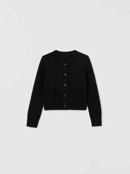 Black wool-cashmere blend cardigan with crew neck, button front, and two patch pockets by Judith & Charles.