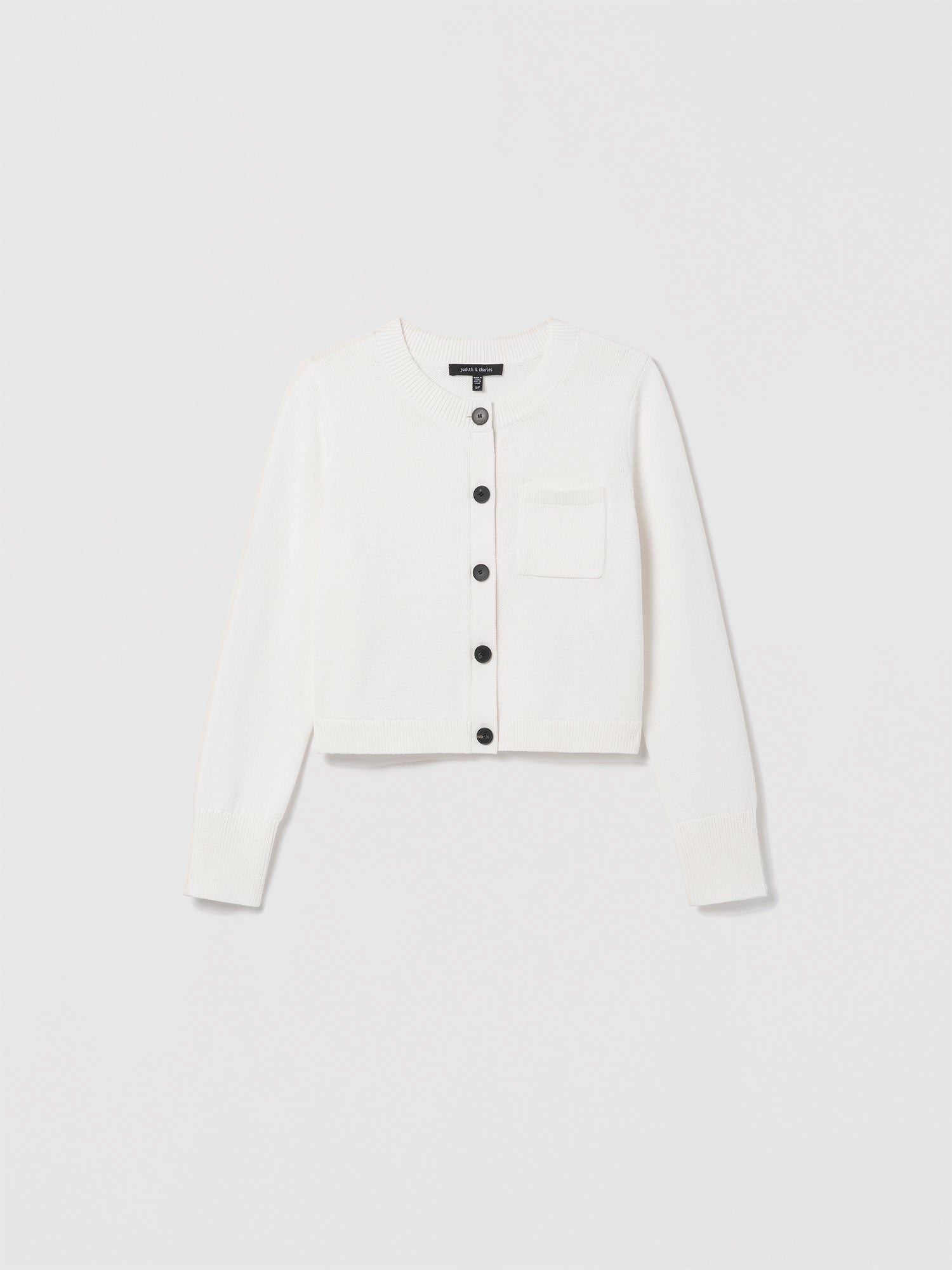 Judith and Charles Maud Cardigan – Cropped, boxy cardigan in 100% organic cotton with a crew neck, button-front closure, and chest patch pocket; machine washable (Style 232-4098).