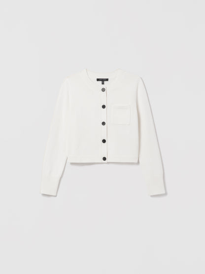 Judith and Charles Maud Cardigan – Cropped, boxy cardigan in 100% organic cotton with a crew neck, button-front closure, and chest patch pocket; machine washable (Style 232-4098).