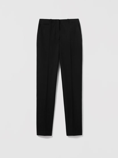 Judith & Charles black slim ankle pant, mid-rise, fully lined in a viscose–cotton blend.