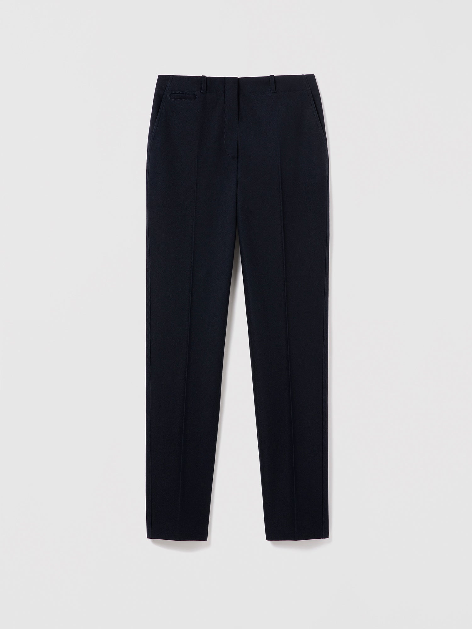 Judith & Charles navy slim ankle pant, mid-rise, fully lined in a viscose–cotton blend.