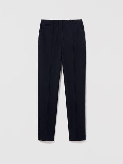 Judith & Charles navy slim ankle pant, mid-rise, fully lined in a viscose–cotton blend.