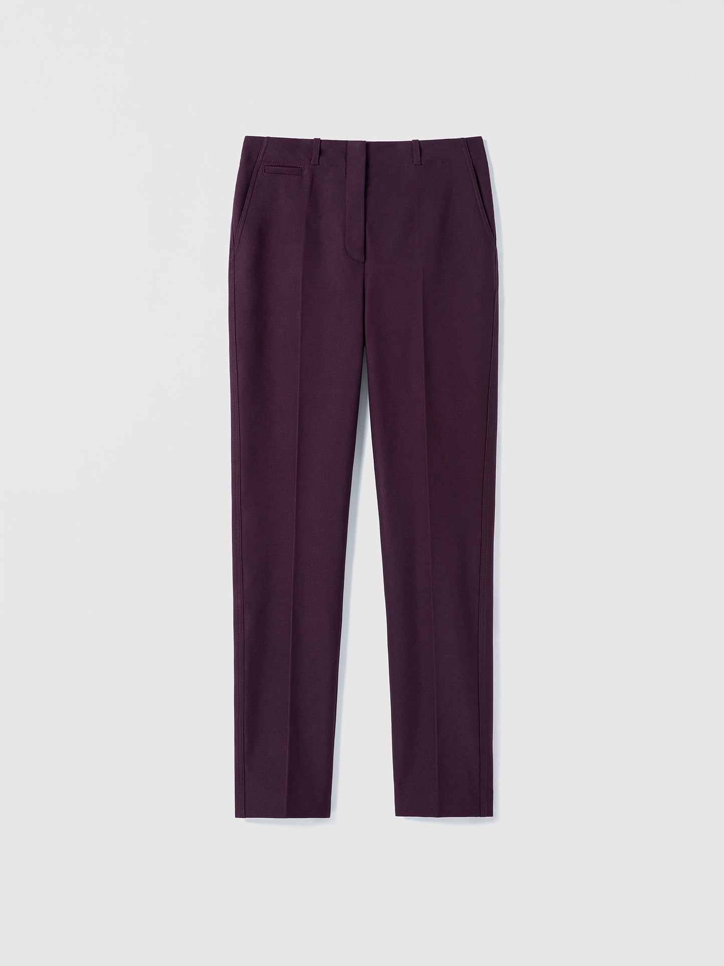 Judith and Charles Neil pant in dark cherry, slim ankle style, mid-rise, viscose–cotton blend, fully lined, style 492-3924.