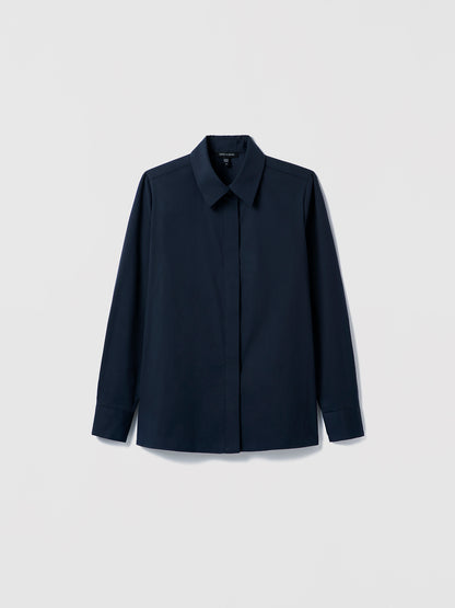 Navy Cotton‑blend blouse with spread collar and hidden button placket shown in a clean, structured silhouette
