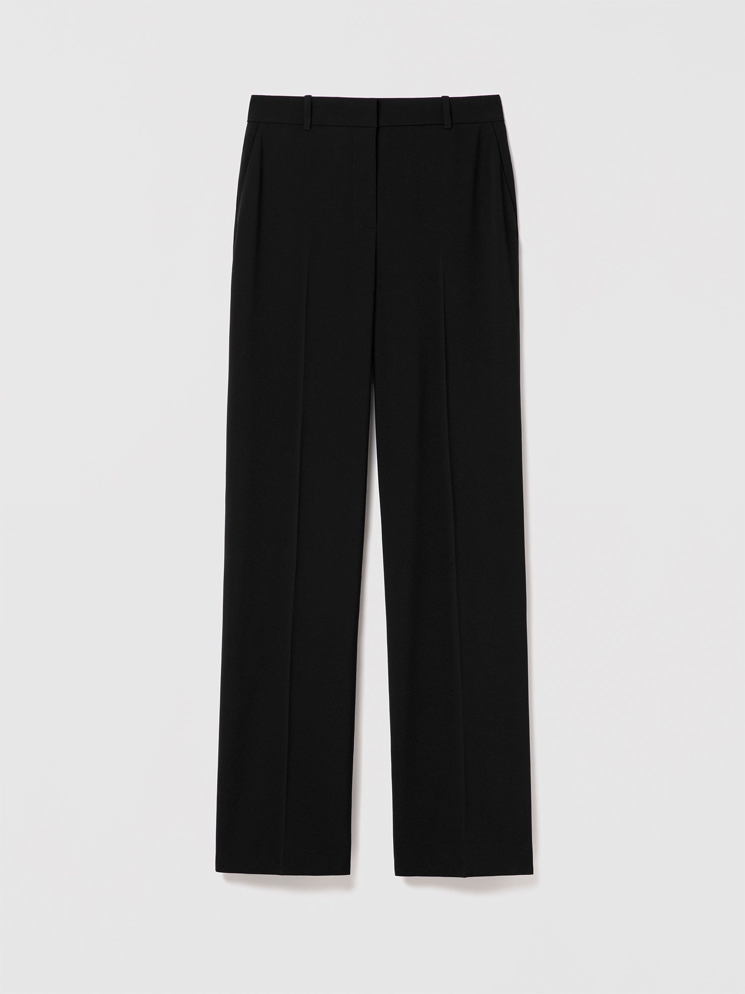 Judith & Charles black full-length wide-leg pant in Satin Back Crepe with a mid-rise fit. Features slash pockets, back welt pockets, clean waistband, and hook-and-eye closure with zip. Unlined, 33-inch inseam. Made in Canada with Japanese fabric. Style: Parme Pant 