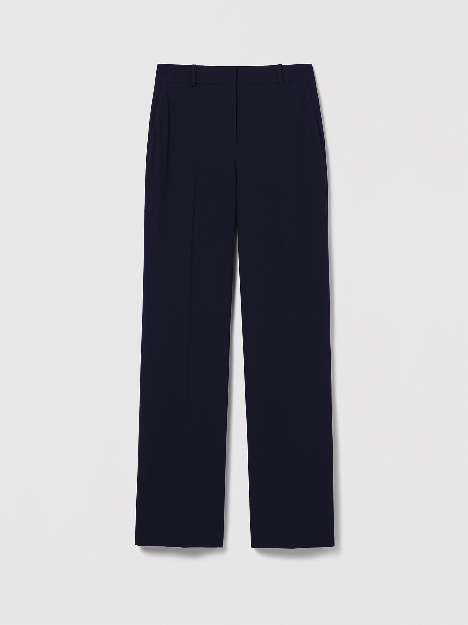 Judith & Charles Navy full-length wide-leg pant in Satin Back Crepe with a mid-rise fit. Features slash pockets, back welt pockets, clean waistband, and hook-and-eye closure with zip. Unlined, 33-inch inseam. Made in Canada with Japanese fabric. Style: Parme Pant 