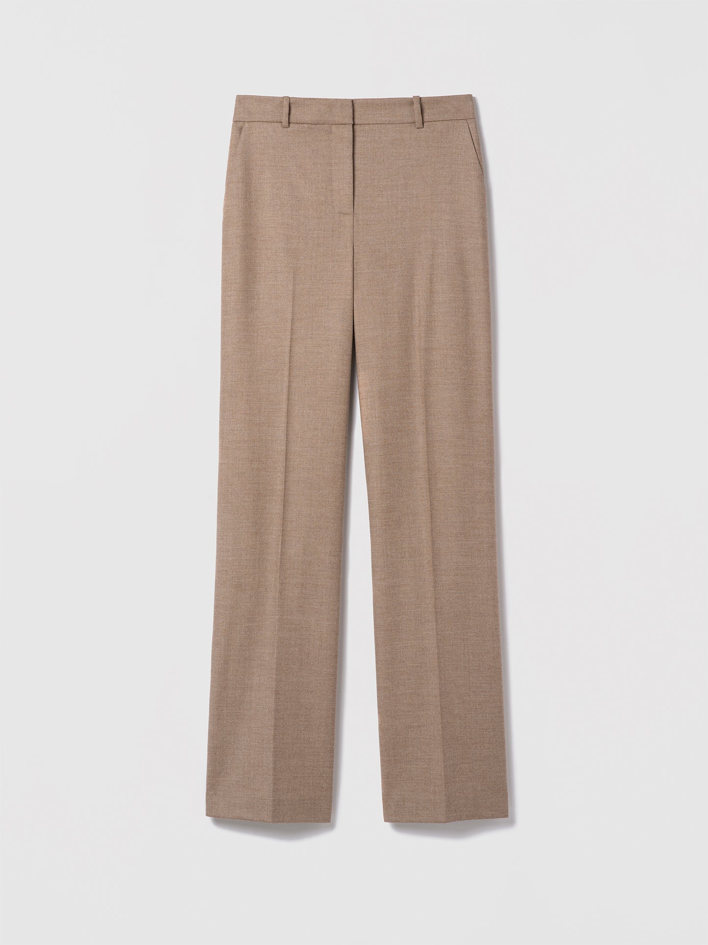 Judith & Charles Parme straight-leg pant in camel wool-cashmere blend, unlined with 34” inseam.