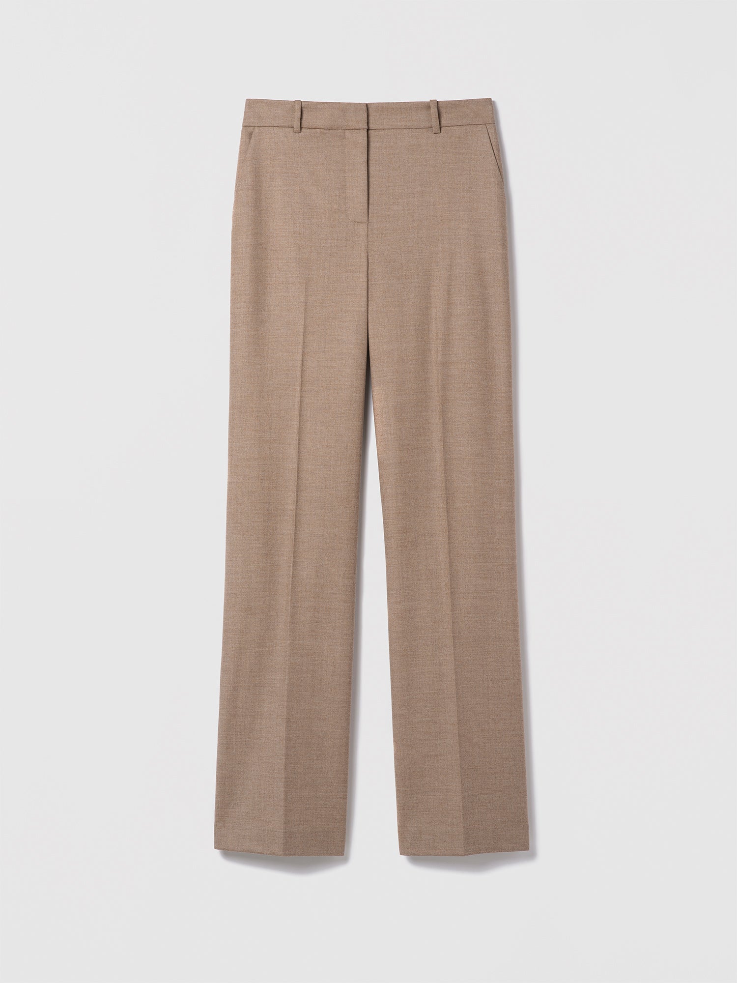 Judith & Charles Parme straight-leg pant in camel wool-cashmere blend, unlined with 34” inseam.