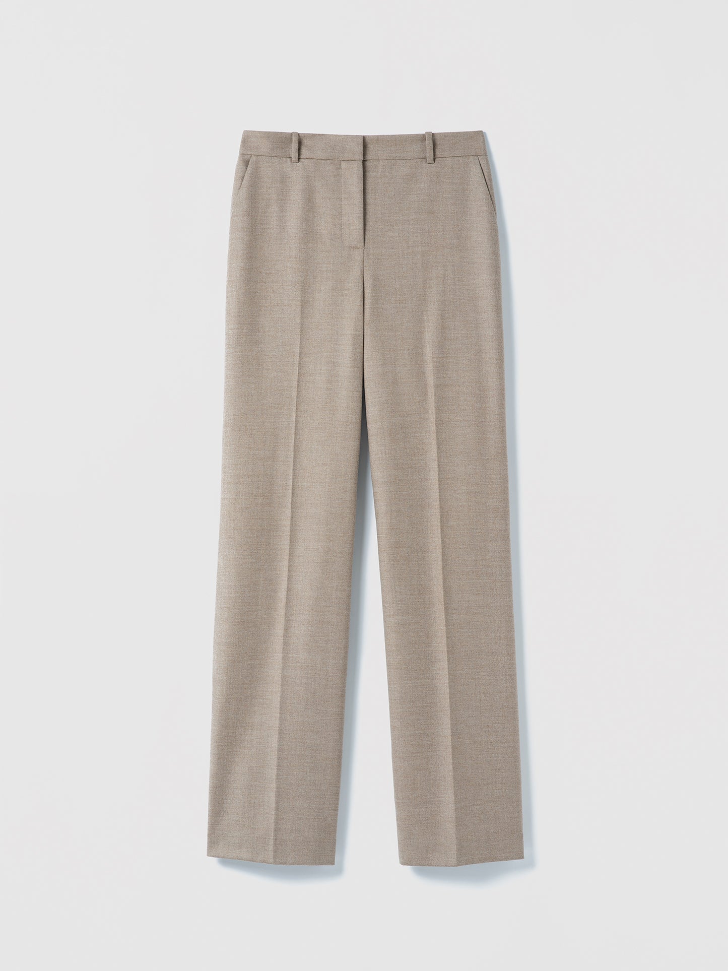 Judith & Charles Parme straight-leg pant in camel wool-cashmere blend, unlined with 34” inseam.