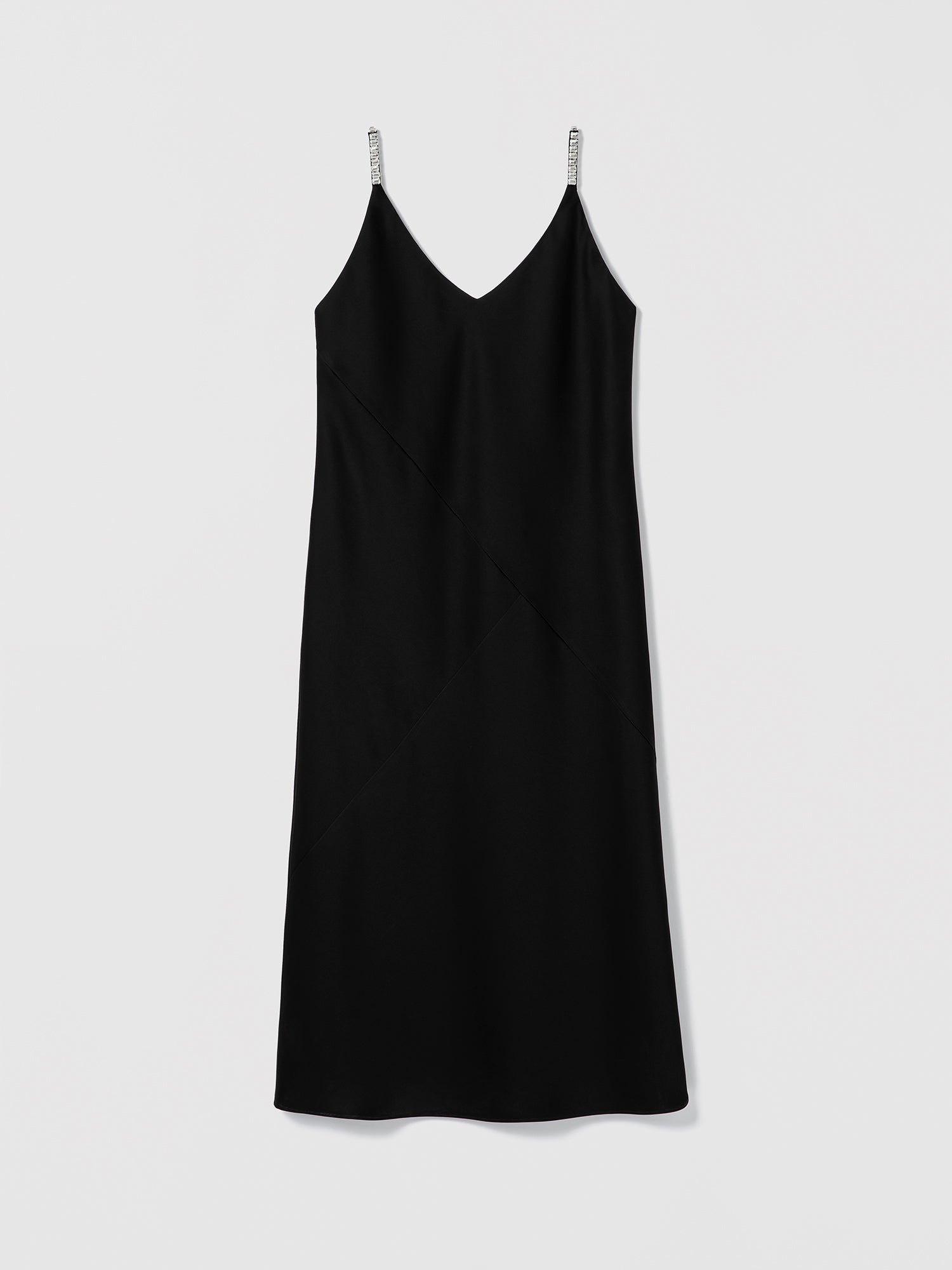 Black Pearle satin bias slip dress with V-neck and shoulder embellishments on flat white background