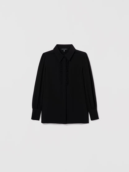 Black silk blouse by Judith & Charles featuring a shirt collar, hidden button placket, and double-layer ruffle detail at the front.