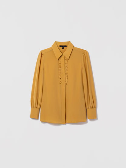 Saffron silk blouse by Judith & Charles featuring a shirt collar, hidden button placket, and double-layer ruffle detail at the front.