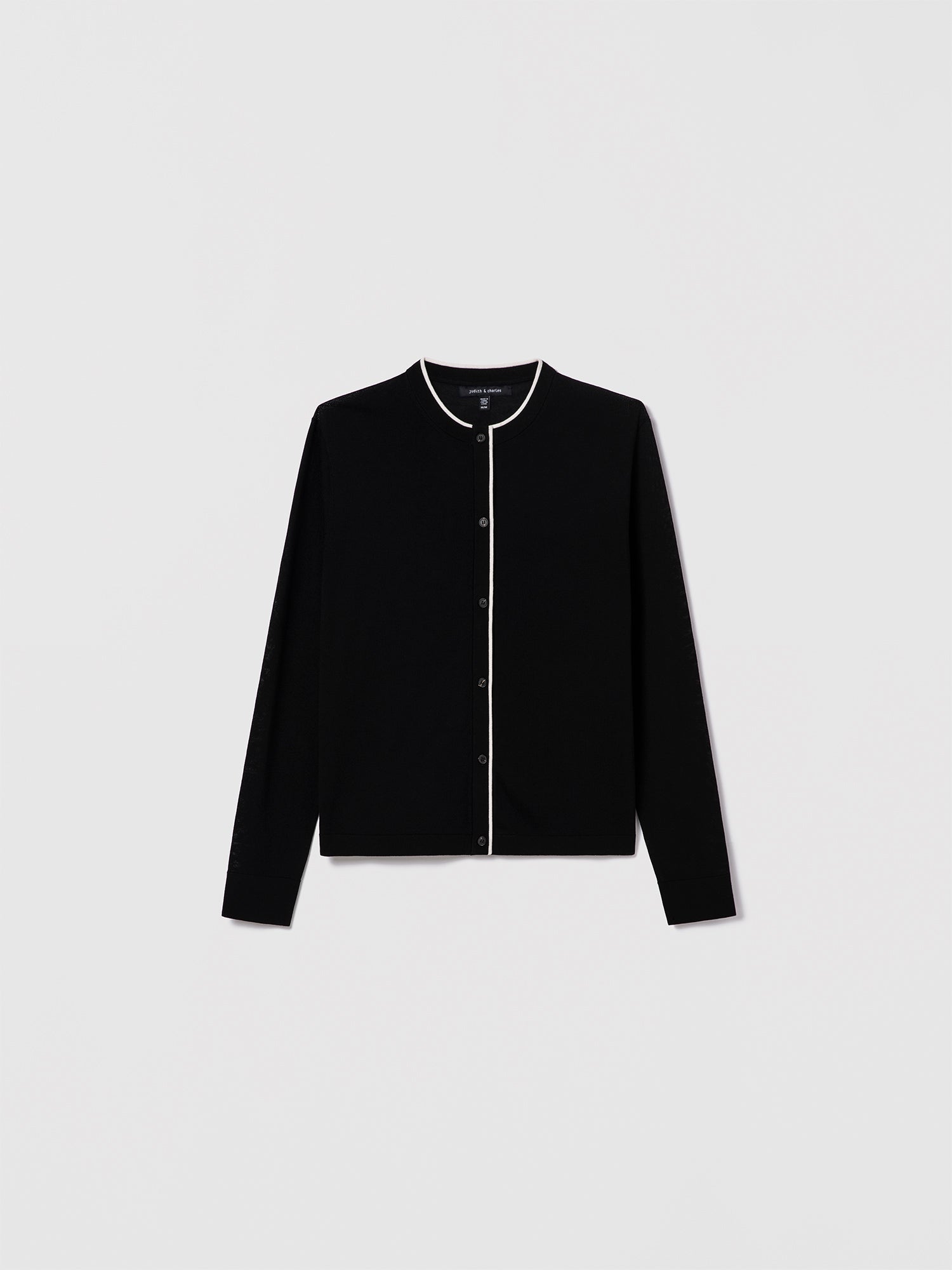 Long sleeve button-front Poppy cardigan in Black/Off White with contrast tipping at neck and front placket, crew neck, 59% silk and 41% cotton, unlined, HSP length 22 inches, by Judith and Charles, style code 266-4148