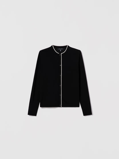 Long sleeve button-front Poppy cardigan in Black/Off White with contrast tipping at neck and front placket, crew neck, 59% silk and 41% cotton, unlined, HSP length 22 inches, by Judith and Charles, style code 266-4148
