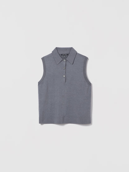 Judith & Charles grey silk-cotton sleeveless polo with polo collar and 3-button front