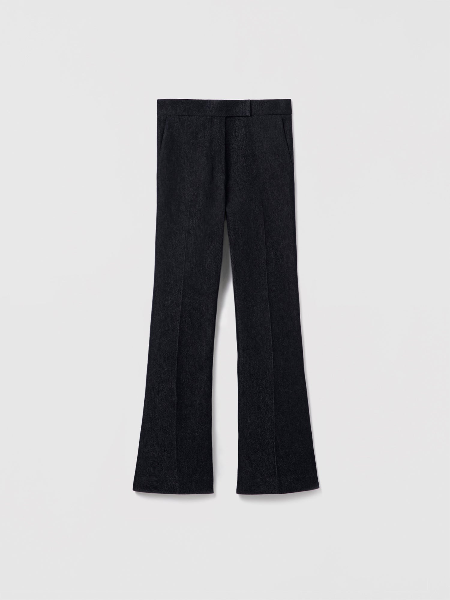 Judith & Charles indigo cropped flare pant with clean waist, slash pockets, back welt pockets, hook-and-eye zip closure, made from Italian fabric, 98% cotton 2% elastane