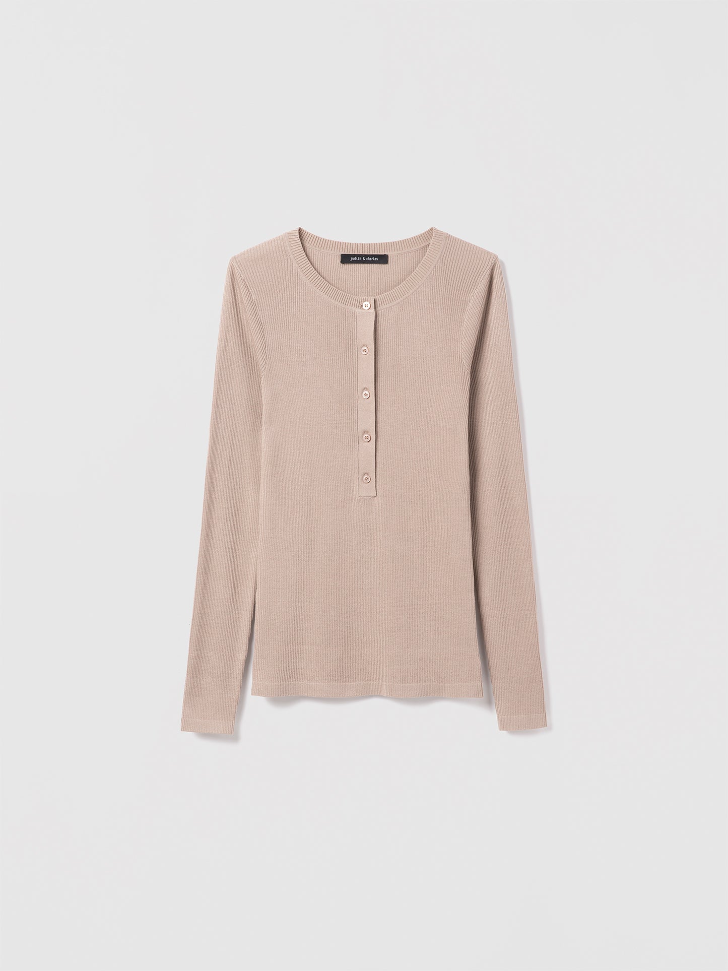 Judith and Charles Long Sleeve Fitted Henley in Sand Fine Cotton Silk with Crew Neck, Button Front Closure, 59% Silk & 41% Cotton, Unlined, Fabric made in Italy – 23” Back Length (Salina Pullover, Style 266-4131).